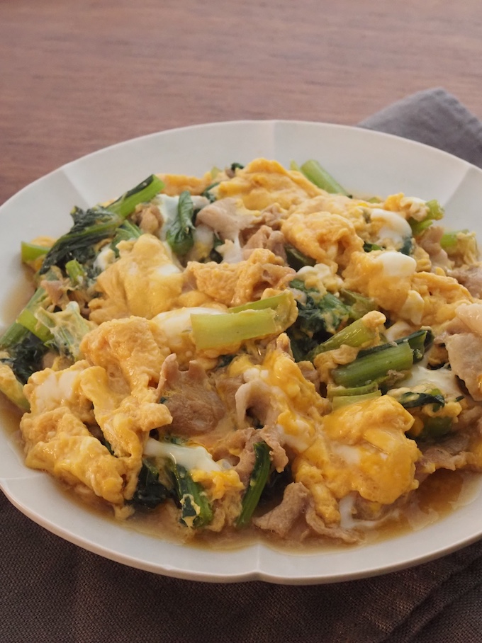 豚こまと小松菜の卵とじ