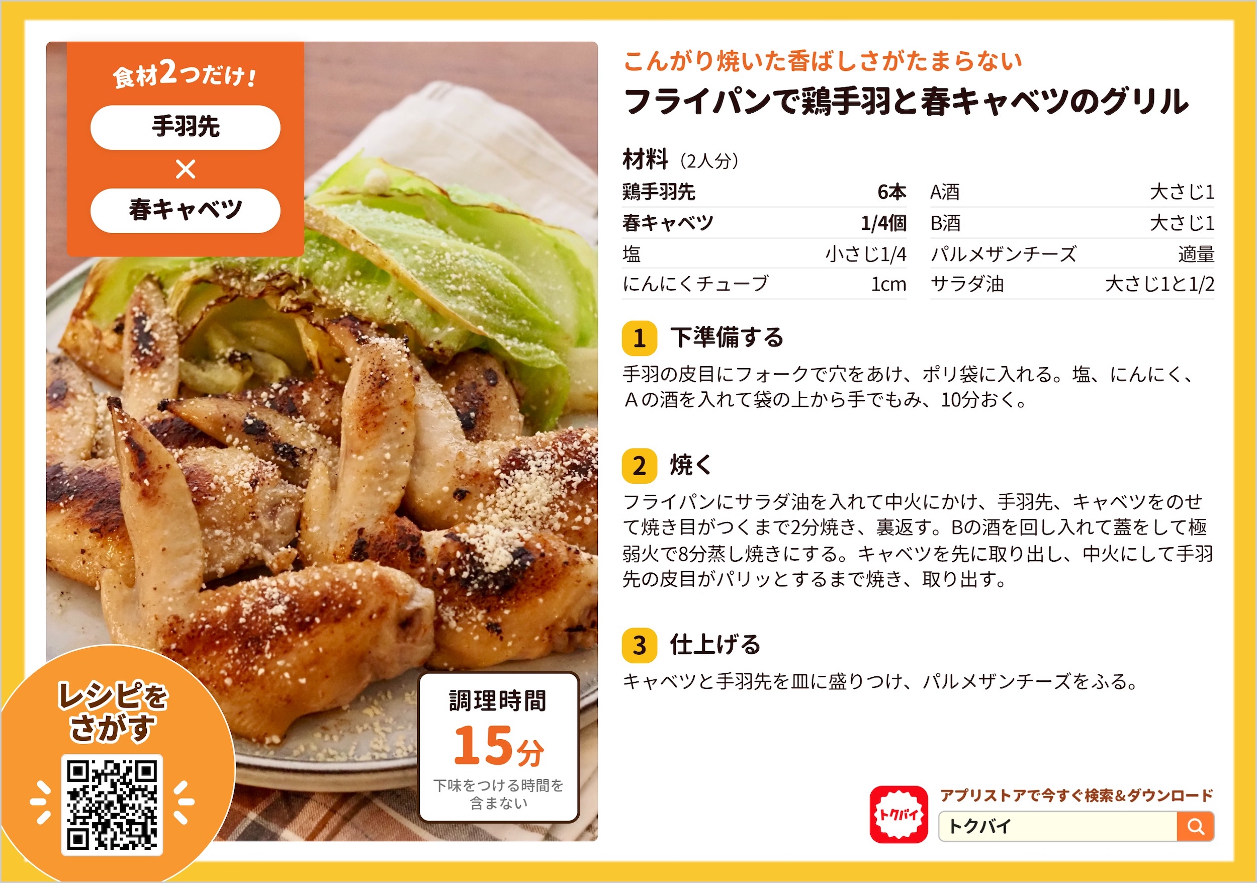 フライパンで鶏手羽と春キャベツのグリル