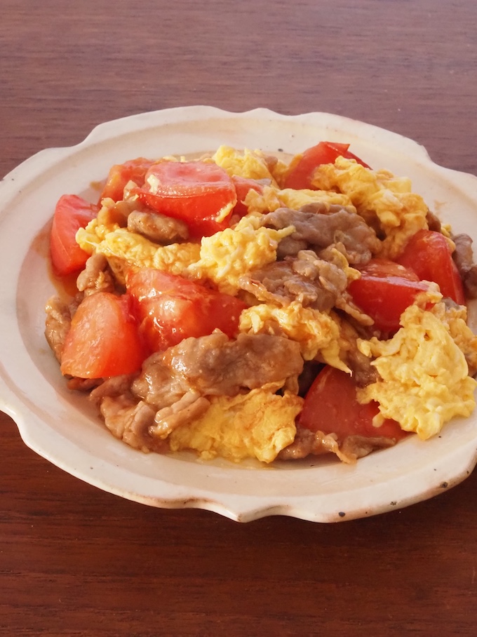 豚肉とトマトのふわふわ卵炒め