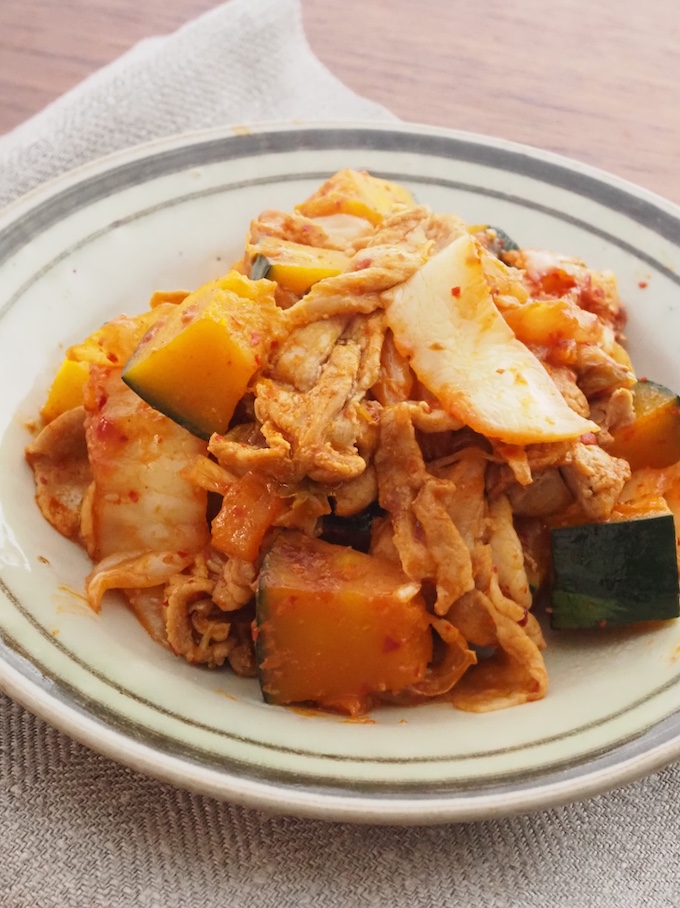 かぼちゃと豚肉のキムチ炒め