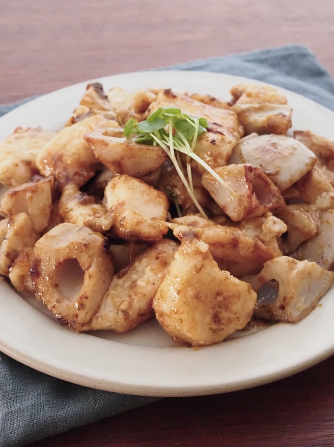 鶏むねとれんこんののりマヨ炒め